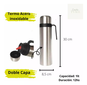 Kit de Termo de Acero Inoxidable de Doble Capa con Media Manija 1 L, Mantiene 24 hs, para <span class=keywords><strong>Mate</strong></span> Paraguayo - Product Image 4