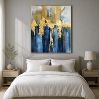 Art mural abstrait bleu or, imprimé, texturé, blocs de couleur, pour salon, bureau, hôtel, intérieurs contemporains