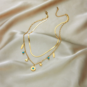 European American Retro Layered Double Chain <b>Blue</b> Turquoise Pendant Star <b>Feather</b> Necklace Gold Zinc Alloy Geometric Design - Product Image 3