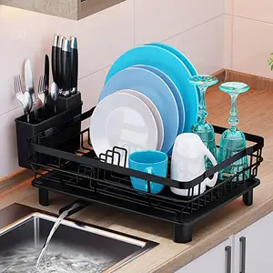 DS1331 Sink Pot Pan Rack Organizer Dish Drainer with Removable Utensil Holder Dish Drying Rack with Drainboard and Swivel Spout