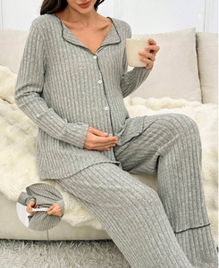 Conjunto de Pijama de Maternidad de Manga Larga con Cuello Solapa y Pantalones Acanalados para Embarazadas, Pijama de Bambú Personalizado para Mujer - Product Image 6