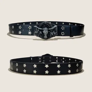 Cinturón Vaquero del Viejo Oeste de Texas con Hebilla de Toro de Cobre, Estilo Americano Texano, Cinturón Retro de Moda para Hombre y <span class=keywords><strong>Mujer</strong></span> - Product Image 1