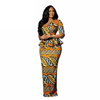 Ensemble en coton pour femmes, grande taille, imprimé africain Ankara; haut à col biais et manches cloche, jupe longue jusqu’au sol; tenue décontractée dashiki deux pièces