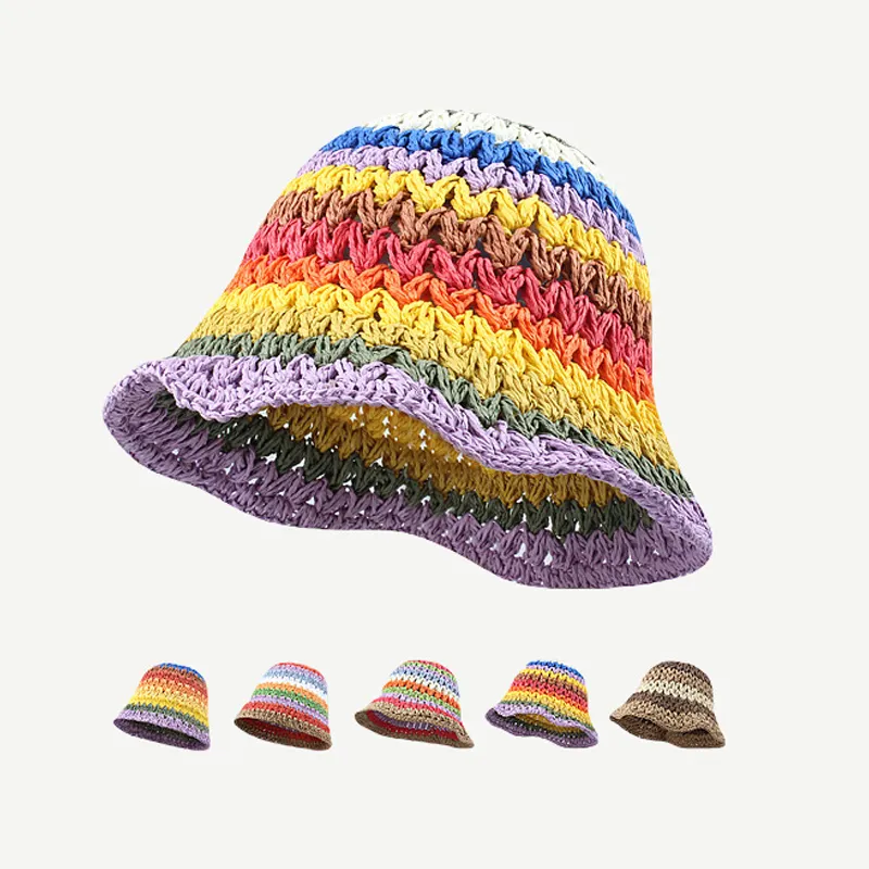 New Trendy Multicolor Rainbow Straw Fisherman Cap Women Outdoor Summer Vacation Style Handmade Grass Crochet Knit Bucket Hat
