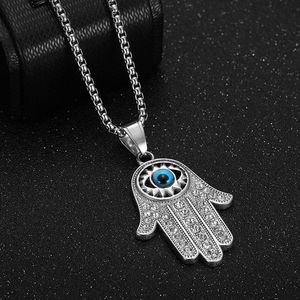Fatima's <b>Hand</b> Pendant Necklace Stainless Steel Gold Plated Rhinestone Blue Eye Unisex Gift Jewelry - Product Image 2