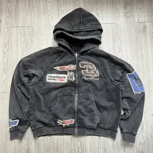 Custom Vintage Double Layer Hooded Zipper Boxy Distressed Embroidery Applique Patch Acid Wash Heavyweight Zip Up Hoodiie Men