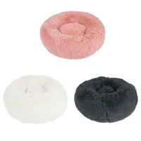Vente en gros fabricant de peluche de luxe douce rose gris blanc coussin pour animaux de compagnie lit rond pour chat et chien