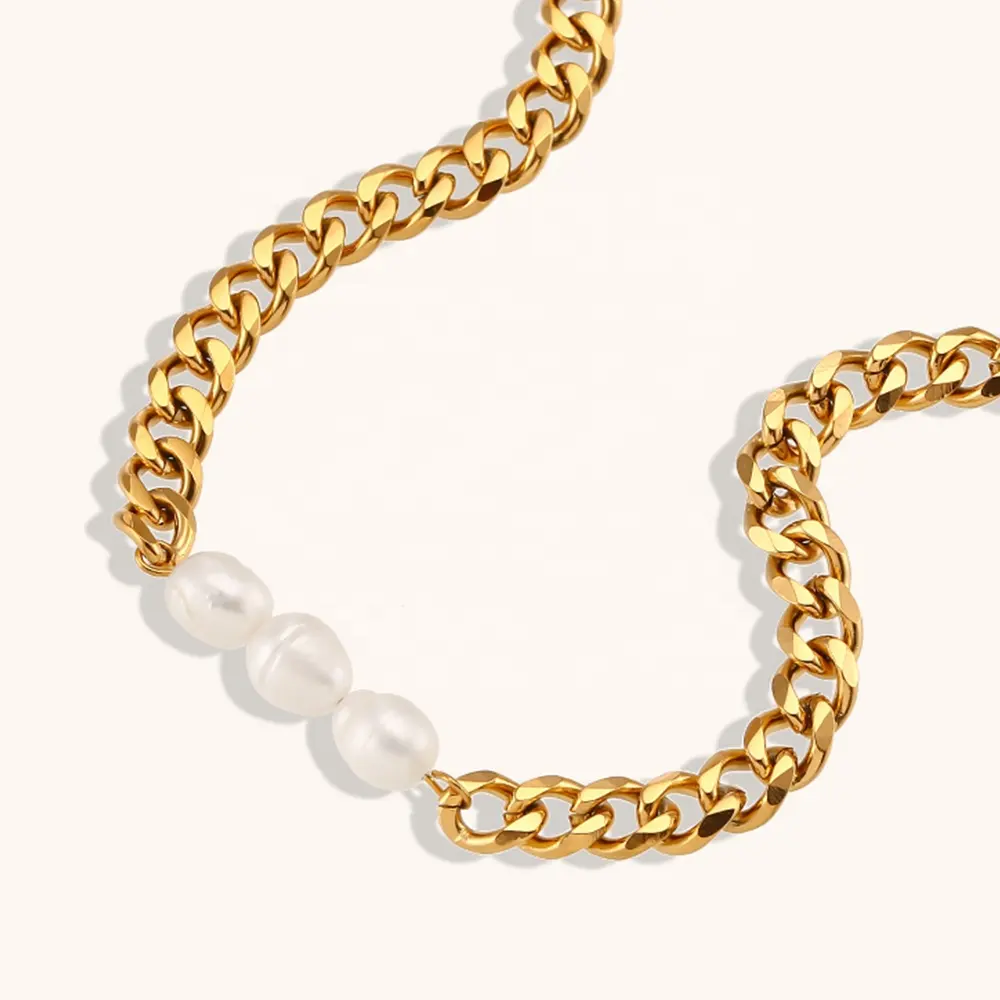 Dingran High Quality Fashion Cuban Link Chain Jewelry Necklace Trendy Gold Plated Freshwater Pearl Necklace For Women