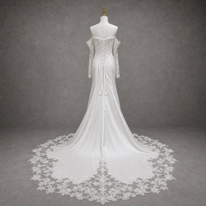 Vestido de Novia Sirena de Manga Larga sin Tirantes, con Espalda Descubierta, Hecho a Mano con Encaje y Tul, con Flores, Tallas Grandes, Sujetador Incorporado - Product Image 4