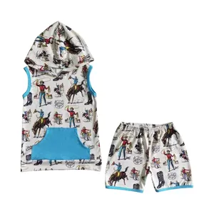 boutique newborn boys outfit sets Western Boots Denim Boys' Elemental Print Blue Pocket Hooded Sleeveless Sweater shorts