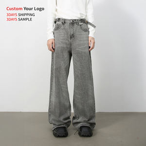 Vaqueros de diseñador para hombre, OEM personalizados, de cintura media, holgados, de pierna ancha, tipo peto, con lavado vintage, desgastados, de corte recto, estilo streetwear y hip hop - Product Image 1