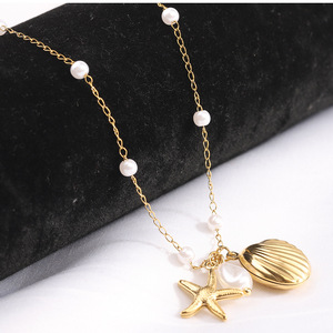Collar de Perlas con Colgante de Concha y Estrella de Mar Dorada, Cadena Larga, Tema Playero, para Uso Diario - Product Image 1