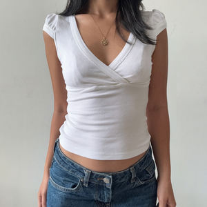 Camiseta Básica de Manga Corta con Cuello en V para Mujer, Color Sólido, Corte Regular, Tejido Elástico, Informal, de Verano, Secado Rápido y Transpirable, Directo de Fábrica - Product Image 6