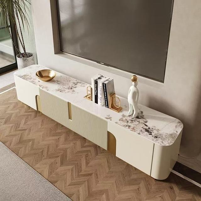 Custom Beige TV Stand Marble Countertop Solid Wood Fluted Design Slatted Gold Accents Stainless Steel Frame Living Room Cabinet