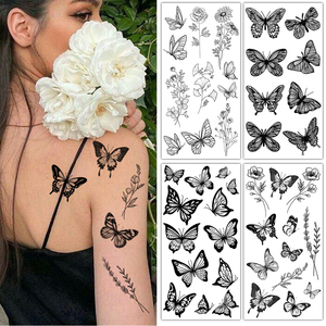 1 hoja de tatuaje temporal <span class=keywords><strong>para</strong></span> adultos, flor negra, mariposa y diseño de plantas silvestres <span class=keywords><strong>para</strong></span> arte corporal y decoración facial <span class=keywords><strong>para</strong></span> hombres y mujeres - Product Image 2