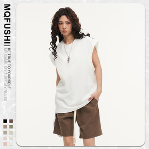 Style japonais 270g poids lourd sans manches pur coton gilet d'été basique blanc épaules larges petit décolleté lâche haut solide - Product Image 5