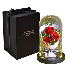 圣诞创意礼品高品质led灯玻璃圆顶不朽的美丽和野兽永恒玫瑰保存的花朵