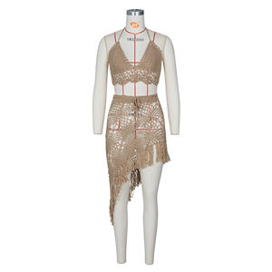 Vente chaude vacances d'été voir à travers les femmes <span class=keywords><strong>frange</strong></span> gland pansement Bikini Sexy tissé haut robe découpé ensemble de plage - Product Image 3