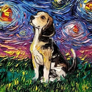 Pittura a olio di cane Beagle dipinta a mano in stile <span class=keywords><strong>notte</strong></span> <span class=keywords><strong>stellata</strong></span>, vivace arte animale per l'arredamento della casa - Product Image 1