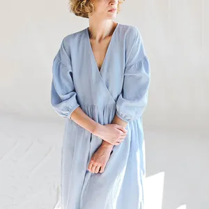 Summer Casual Modest Women Elegant Puffy Sleeves Plus Size Long Sleeve Loosen Viscose Linen Dress Italy 2022 Zimmer Dress