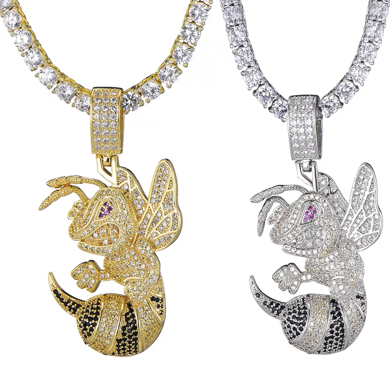 Hip Hop Rapper Insect Angry Bee Wasp Hornet White Gold Silver Bling AAA+ Zircon Copper Pendant Chain Necklaces Punk Jewelry