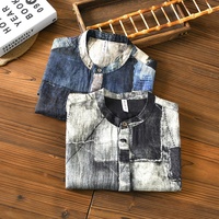 Kaos T-shirt Musim Panas Lengan Pendek Kasual Gaya Jepang Kerah Tegak Kancing Tersembunyi Bahan Linen 100% Poplin Floral Abstrak Grosir