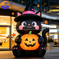 Chat noir gonflable géant d'Halloween avec chapeau de sorcière et citrouille pour centre commercial, jardin, fête, décoration extérieure de vacances avec souffleur
