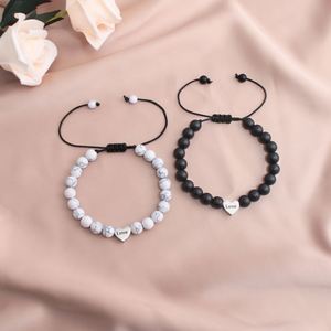 Pulsera de Pareja Ajustable con Cuentas de Piedra Natural y Corazón Tejido, Joyería para el Día de San Valentín - Product Image 1