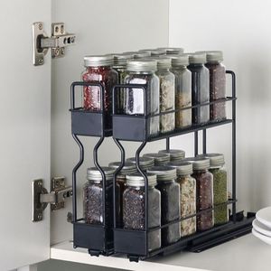Estantes para Especias de Acero al Carbono Resistentes al Óxido, Modernos, de Doble Nivel, Deslizantes, Organizadores para Debajo del Fregadero de Cocina - Product Image 1