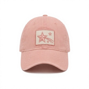 Casquette de baseball brodée en gros, 6 panneaux, non structurée, en coton lavé, haute qualité, style vintage, étoile, profil bas, rose - Product Image 1