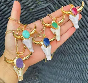 Fashion Jewelry Animal Bull Head Pendant Gold Hip-hop Cool Natural Crystal Oval Gemstone for Women Men Copper Necklace