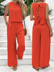 Set Due Pezzi Boho in <span class=keywords><strong>Lino</strong></span> per Donna, Top Senza Maniche con Bottoni e <span class=keywords><strong>Pantaloni</strong></span> a Gamba Larga, Completo Estivo Casual in <span class=keywords><strong>Beige</strong></span> Naturale - Product Image 3