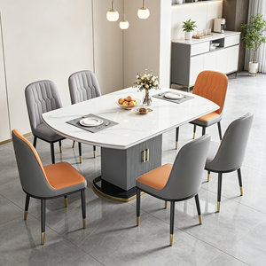 Ensemble de table à manger ovale moderne avec plateau en marbre blanc et 6 chaises en PU gris orange pour la maison, la villa, meubles de salle à manger - Product Image 4