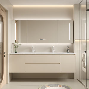 Fregadero de Placa de <span class=keywords><strong>Roca</strong></span> Multicapa de Madera Maciza Termoformada Estilo Crema Personalizado |   Mueble de Baño con <span class=keywords><strong>Espejo</strong></span> Inteligente y Doble Grifo - Product Image 2