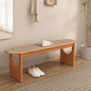 Solid Wood Bench Rattan Bed Footrest Minimalist Design Handmade Home Stool Ottoman Adult Use - Product Image 2