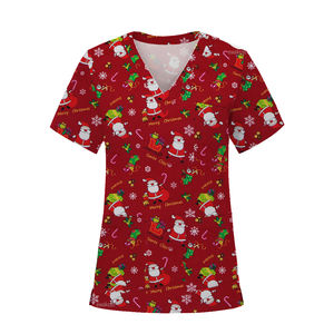 Nouveau rouge père noël <span class=keywords><strong>motif</strong></span> gommage haut col en V à manches courtes chemisier médical noël hôpital salle d'opération travail uniformes chirurgicaux - Product Image 1