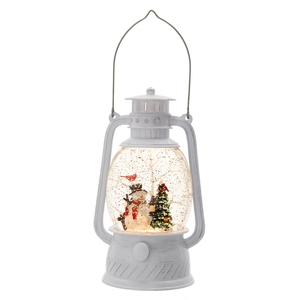 Linterna Blanca Navideña con Muñeco de Nieve y Árbol, Luz LED, Efecto de Agua Giratoria, Temporizador de 6 Horas, 3 Pilas AA - Product Image 1