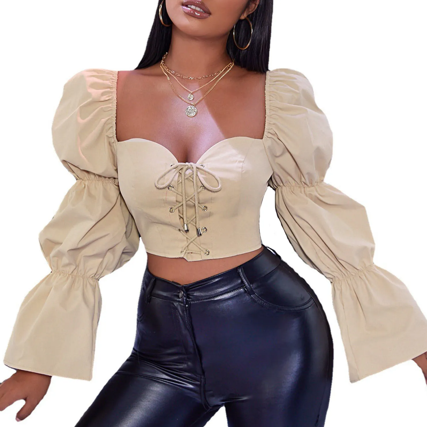 Summer Lady Short Shirt Off Shoulder Bubble Sleeve Front Strings Women Crop Top