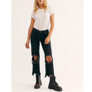<span class=keywords><strong>2022</strong></span> mujer <span class=keywords><strong>moda</strong></span> mamá Jeans logotipo personalizado negro Denim rasgado mujeres Jeans pantalones sueltos destruidos Boyfriend Jeans - Product Image 1