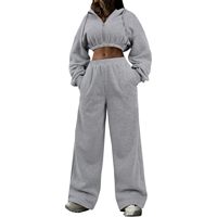 Ensemble de survêtement 2 pièces pour femme LovelyWholesale : sweat à capuche court zippé et pantalon de jogging décontracté respirant gris