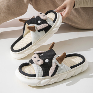 Phụ Nữ Của Dễ Thương Bò Linen Mở PVC Dưới Dép Đi Trong Nhà Mùa Hè Dép Chống Trượt <span class=keywords><strong>Flip</strong></span> <span class=keywords><strong>Flops</strong></span> Giản Dị Phong Cách Mềm Mại Vải Đế Mở Ngón Chân - Product Image 2