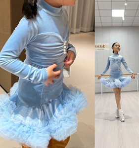 Girls Latin Bodysuit <strong>Dress</strong> Long Sleeve <strong>Dancing</strong> Velvet Skirt Dancewear Samba Rumba Jazz Cha Cha Dance Costume - Product Image 3
