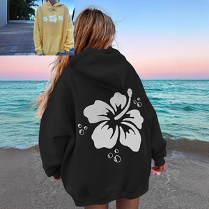 Sweat-shirt à capuche surdimensionné personnalisé pour femme, imprimé floral, 100% coton, logo sur le devant, décontracté, plage, streetwear - Product Image 3