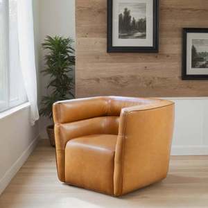 Silla Giratoria Moderna Callan - Cuero Vegano Color Bronceado, Portátil y Suave para Sala de Estar, Dormitorio, Comedor y Hotel - Product Image 1