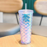 Gobelet de voyage en plastique à double paroi givré de 24 oz pour l'extérieur avec couvercle et paille, motif écailles de sirène