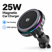 Support de chargeur de voiture sans fil rapide Qi2 25W avec ventilateur de refroidissement actif magnétique, support de téléphone pour grille d'aération, lumière RGB, rotation à 360° pour iPhone