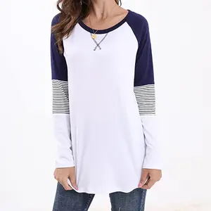 Camiseta informal de manga larga con cuello redondo para mujer, TOP tipo túnica con bloque de Color, Jersey
