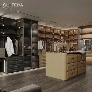 Custom classic luxury open door leather walk in closet wardrobe with Lighting System