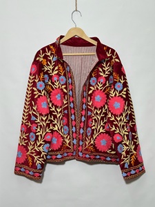 Women's Red Velvet Embroidered Jacket Mandarin Collar Floral Hand Embroidery Full Sleeve Autumn Style <b>Coat</b> - Product Image 1