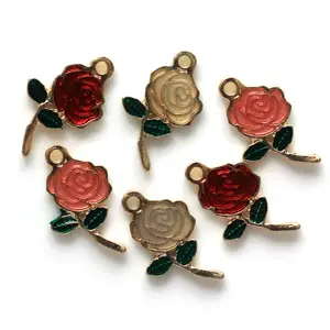 Gold Plated Pink Color Enamel Rose Flower Charms Flatback Alloy Beads for Earrings